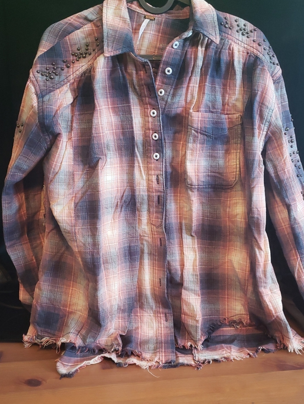 Free People Rust and Navy Plaid Studded Shirt